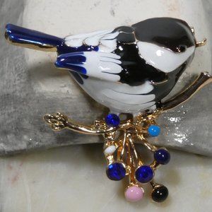 Adorable Enamel Bird on Branch with Sparkling Rhinestones